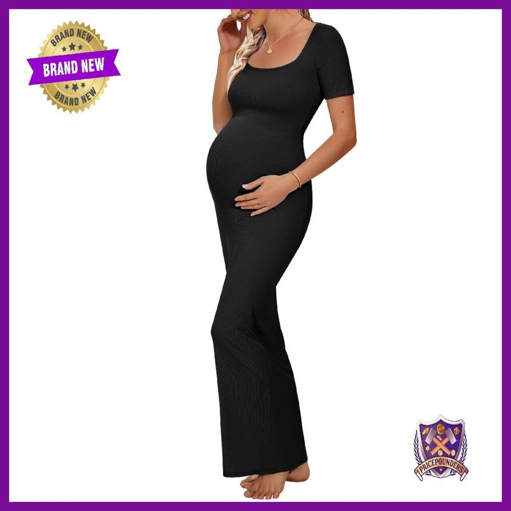 Ribbed Maxi Dress Square Neck Bodycon Maternity Baby Shower